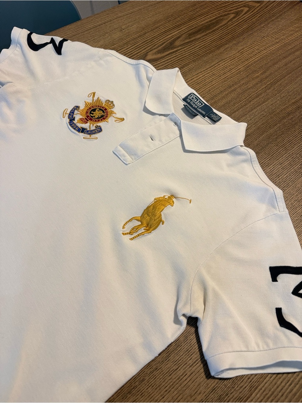 Ralph Lauren White Blackwatch Polo with Gold Embroidery